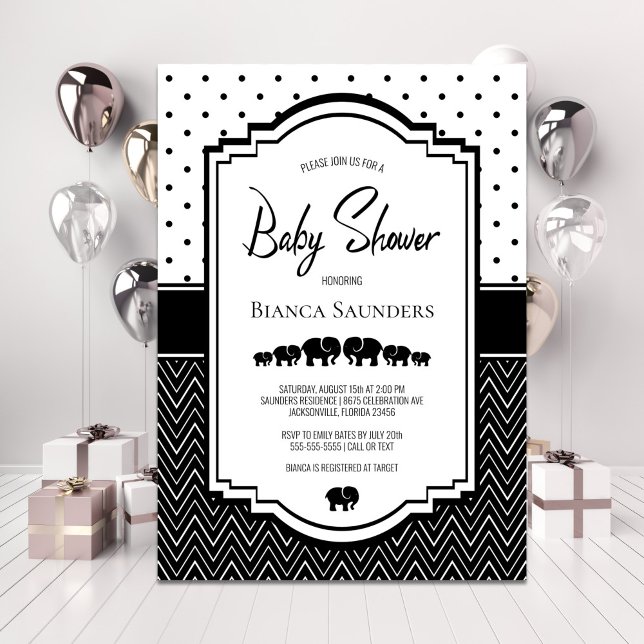 Invitation Baby shower d'éléphant blanc noir (Créateur téléchargé)