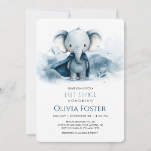 Invitation Baby shower d'éléphant bleu Aquarelle
