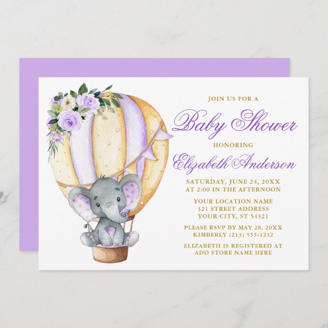 Invitation Baby shower d'éléphant de ballons floraux violet (Devant / Derrière)