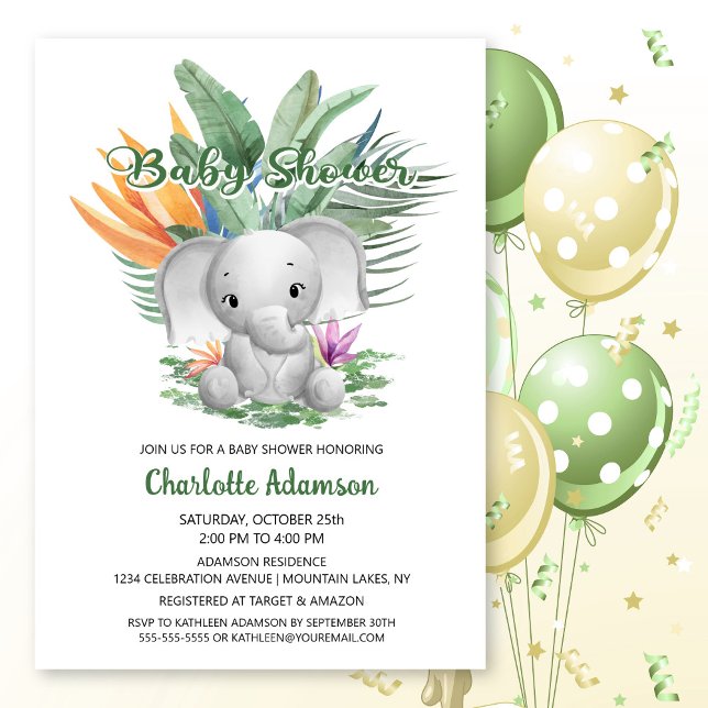 Invitation Baby shower d'éléphant de bébé tropical (Créateur téléchargé)