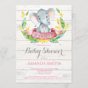 Invitation Baby shower d'éléphant de fille rustiqu
