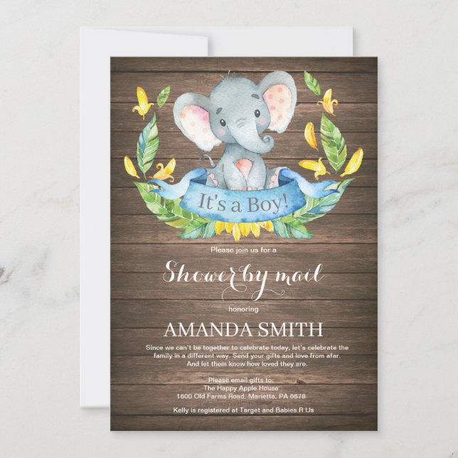 Invitation Baby shower d'éléphant de garçon russe par courrie (Devant)