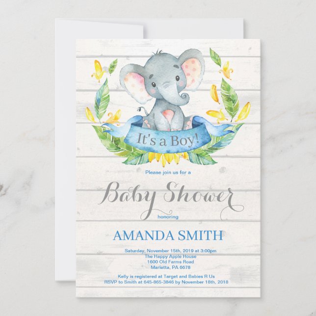 Invitation Baby shower d'éléphant de garçon rustique Invitati (Devant)