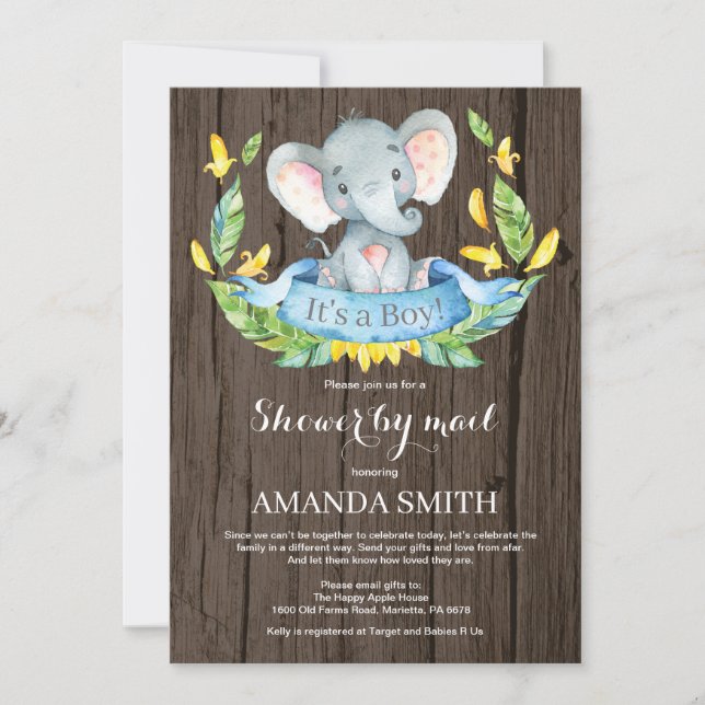 Invitation Baby shower d'éléphant de garçon rustique par cour (Devant)