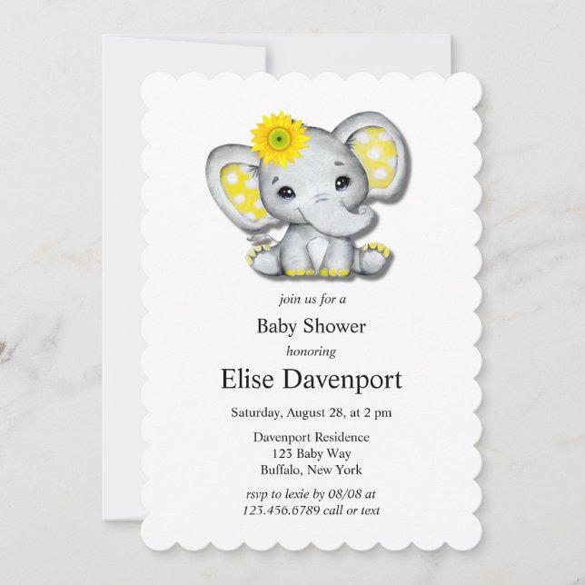 Invitation Baby shower d'éléphant de tournesol gris jaune (Devant)