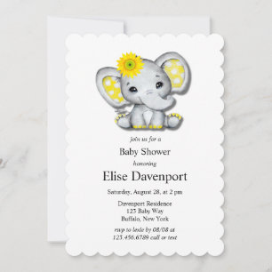 Invitation Baby shower d'éléphant de tournesol gris jaune