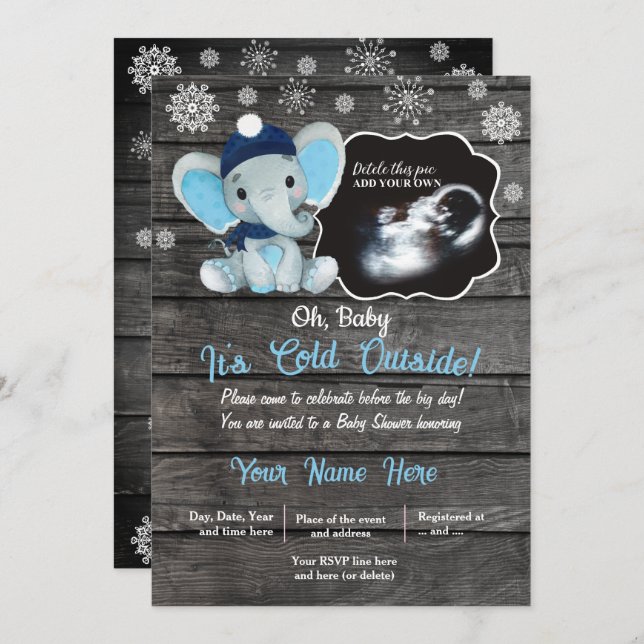 Invitation Baby shower d'éléphant d'hiver Ultrasou (Devant / Derrière)
