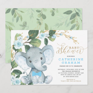 Invitation Baby shower d'éléphant d'or à la flore bleue