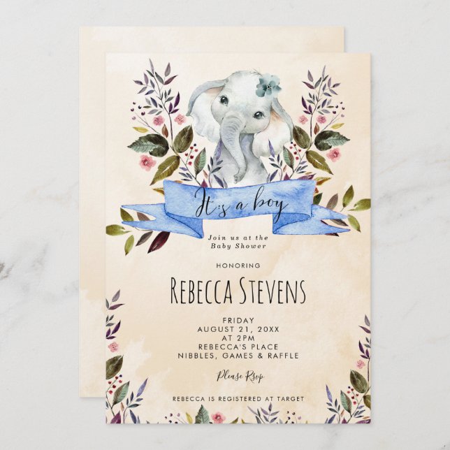 Invitation baby shower d'éléphant fleuri (Devant / Derrière)