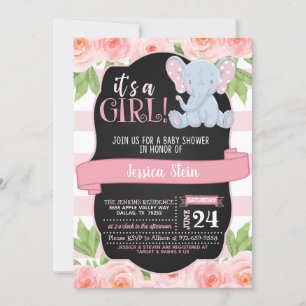 Invitation Baby shower d'éléphant floral - Fille