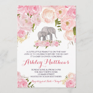 Invitation Baby shower d'éléphant, floral rose