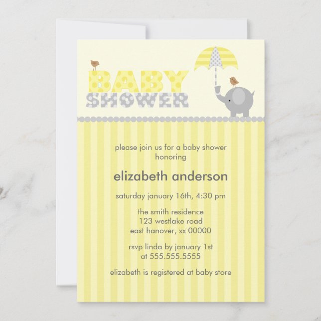 Invitation Baby shower d'éléphant gris et jaune (Devant)