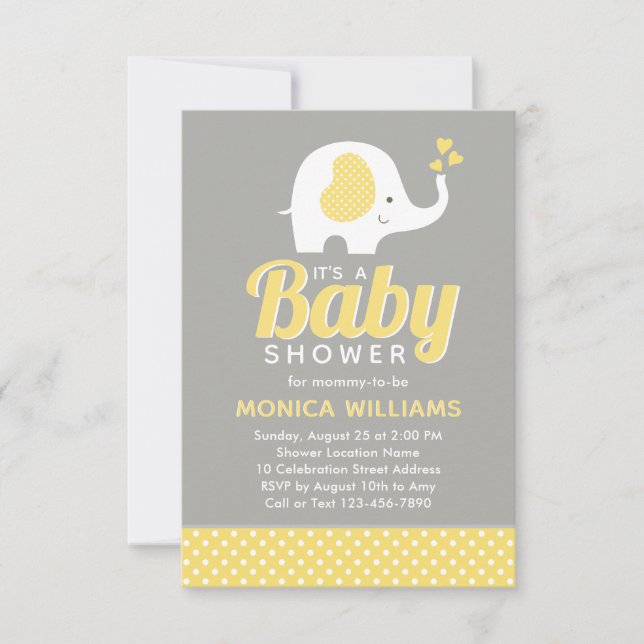 Invitation Baby shower d'éléphant gris jaune migno (Devant)