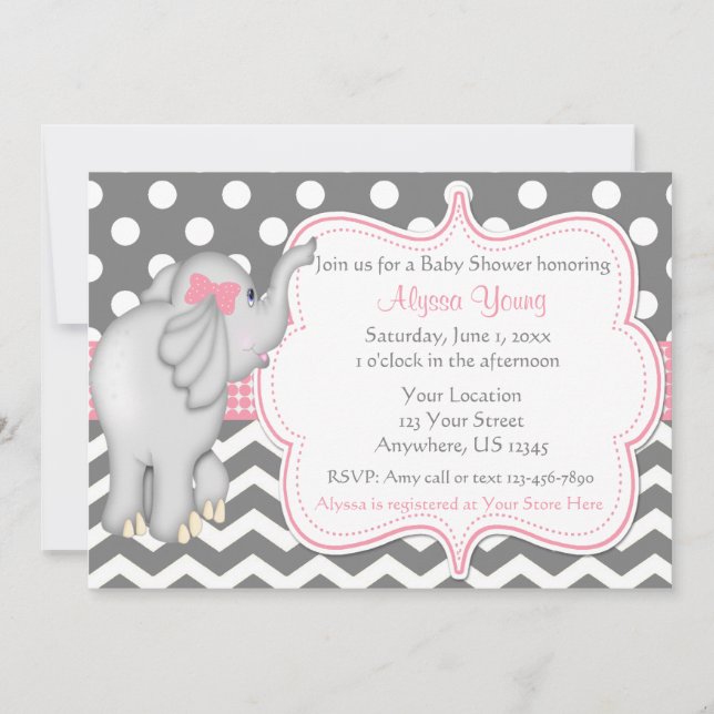 Invitation Baby shower d'éléphant gris rose (Devant)