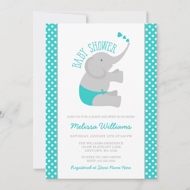 Invitation Baby shower d'éléphant gris turquoise doux (Devant)