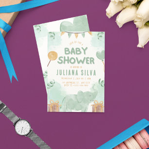 Invitation Baby shower d'éléphant illustratif vert et jaune
