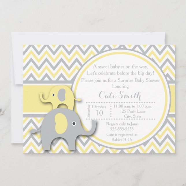 Invitation Baby shower d'éléphant jaune et gris (Devant)