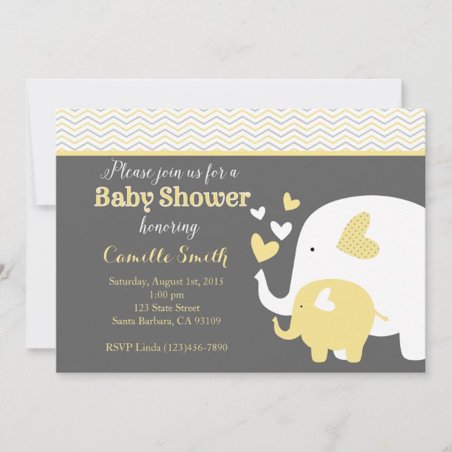 Invitation Baby shower d'éléphant jaune et gris (Devant)