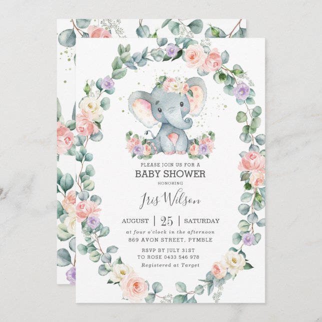 Invitation Baby shower d'éléphant Lilac floral (Devant / Derrière)