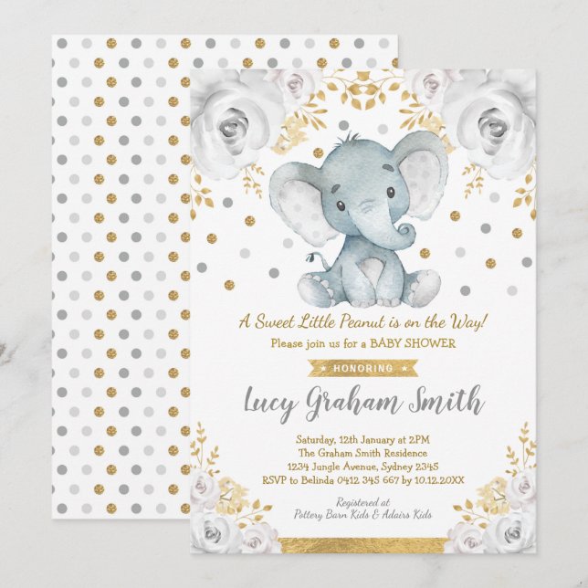 Invitation Baby shower d'éléphant neutre gris or floral (Devant / Derrière)