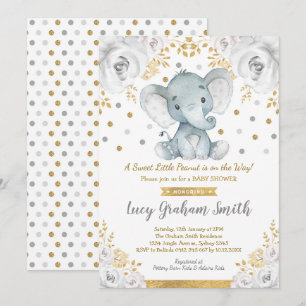 Invitation Baby shower d'éléphant neutre gris or floral
