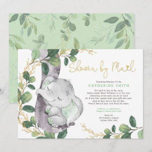 Invitation Baby shower d'éléphant or de verdure simple par co