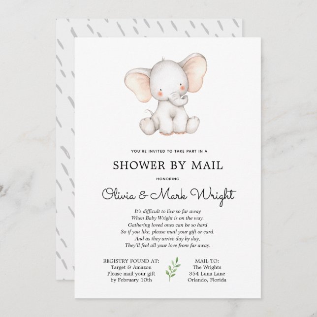 Invitation Baby shower d'éléphant par courrier (Devant / Derrière)
