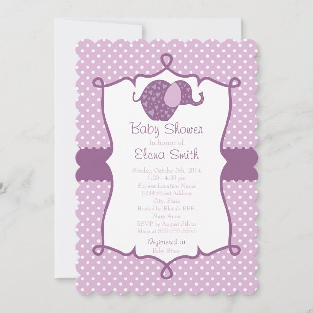 Invitation Baby shower d'éléphant Polka Dot Purple (Devant)