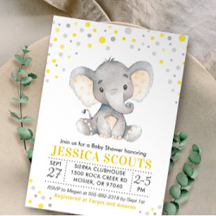Invitation Baby shower d'éléphant Polka Neutre gris Jaune