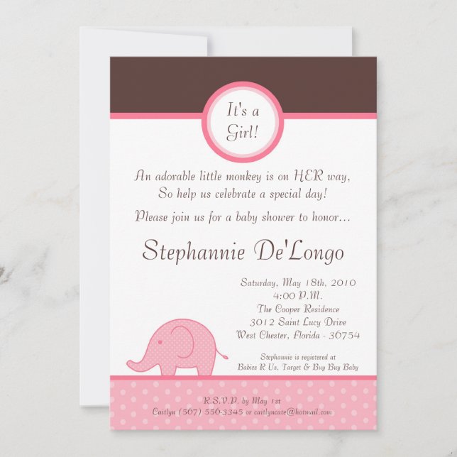Invitation Baby shower d'éléphant pour fille rose  (Devant)