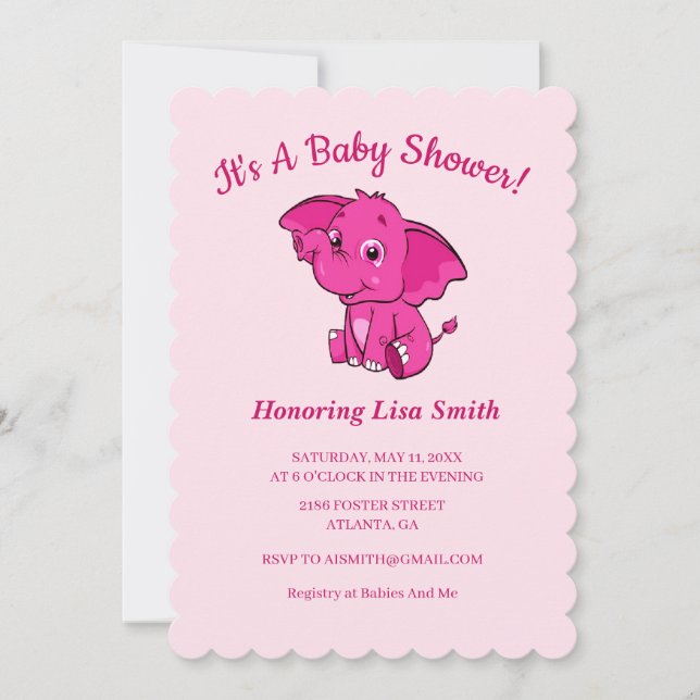Invitation Baby shower d'éléphant pour fille rose (Devant)