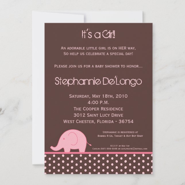 Invitation Baby shower d'éléphant pour fille rose  (Devant)