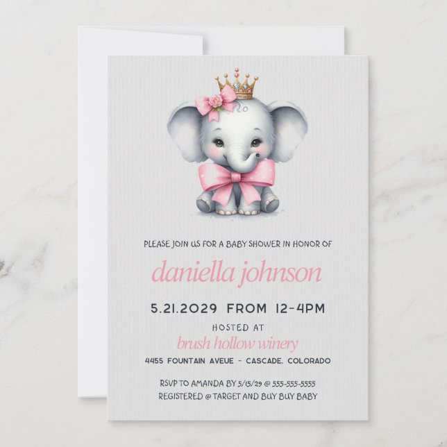 Invitation Baby shower d'éléphant rose (Devant)
