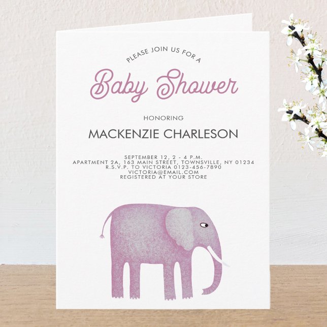 Invitation Baby shower d'éléphant rose (Pink watercolor elephant baby shower folded invitation)