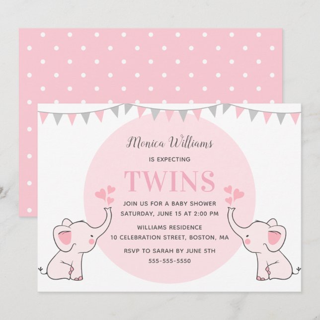 Invitation Baby shower d'éléphant rose | Baby shower Girl Twi (Devant / Derrière)