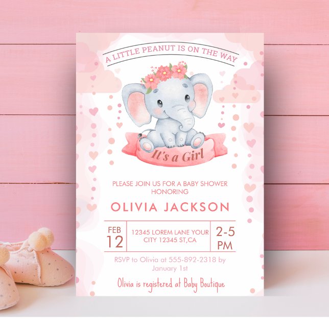 Invitation Baby shower d'éléphant rose fille (Créateur téléchargé)