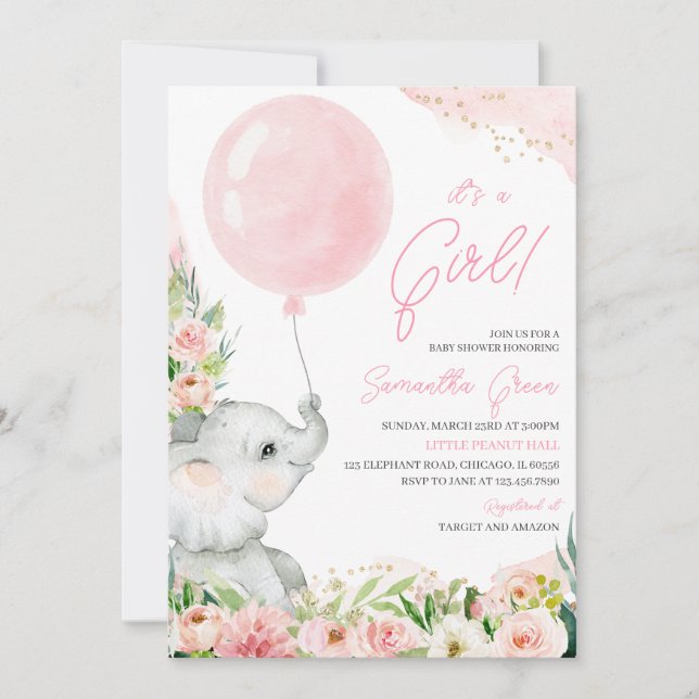 Invitation Baby shower d'éléphant rose floral (Devant)