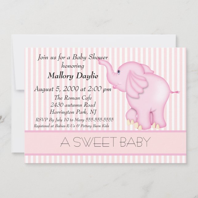 Invitation Baby shower d'éléphant rose pâle pour bébé doux (Devant)