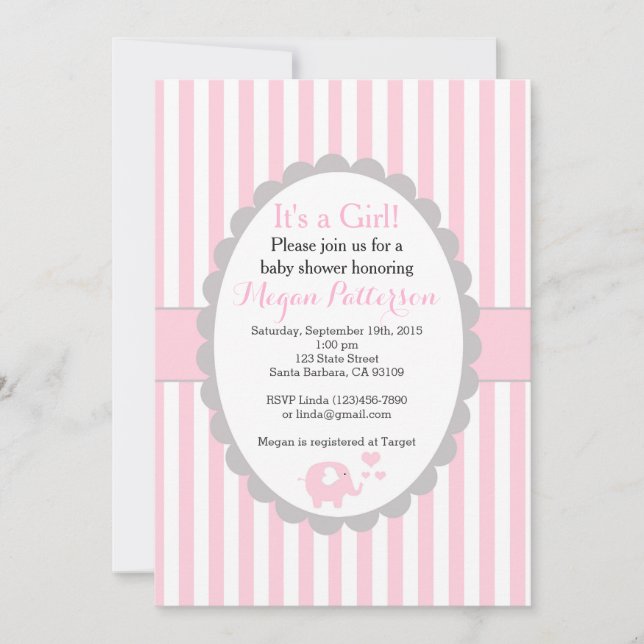 Invitation Baby shower d'éléphant rose pour une fi (Devant)