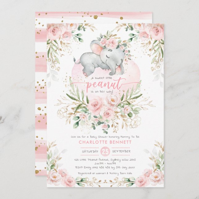 Invitation Baby shower d'éléphant rose rose pâle (Devant / Derrière)