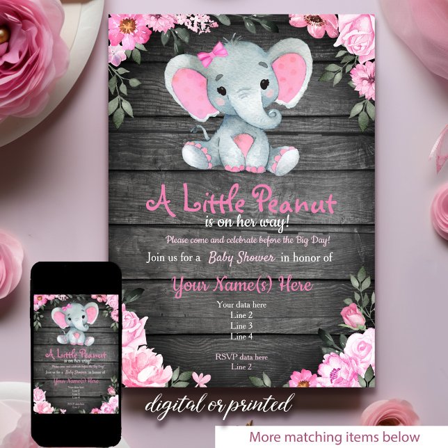 Invitation Baby shower d'éléphant rose, rustique (Créateur téléchargé)