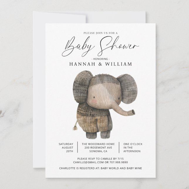 Invitation Baby shower d'éléphant Safari mignon (Devant)