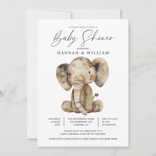 Invitation Baby shower d'éléphant Safari mignon (Devant)