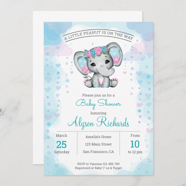 Invitation Baby shower d'éléphant turquoise violet (Devant / Derrière)