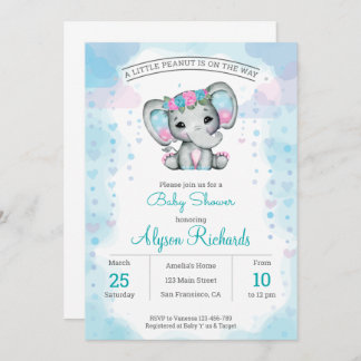 Invitation Baby shower d'éléphant turquoise violet