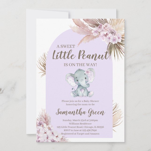 Invitation Baby shower d'éléphant violet de fille (Devant)