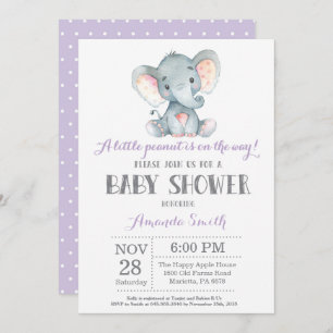 Invitation Baby shower d'éléphant violet et gris