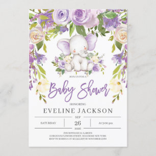 Invitation Baby shower d'éléphant violet rustique