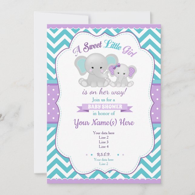 Invitation Baby shower d'éléphant violet Turquoise (Devant)