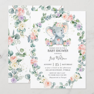 Invitation Baby shower d'éléphants à la végétation florale de